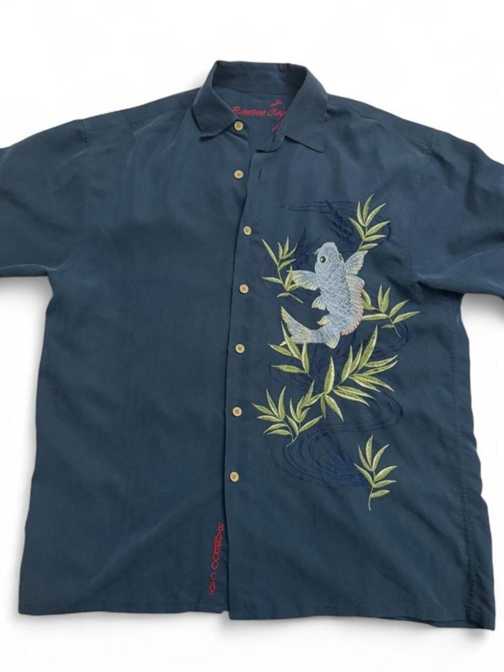 Bamboo Cay Embroidered Koi Fish & Bamboo Short Sleeve Button-Down Shirt Size M